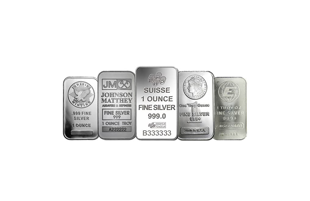 One-ounce .999 fine silver bars from Sunshine Minting, Johnson Matthey, Suisse and Engelhard.
