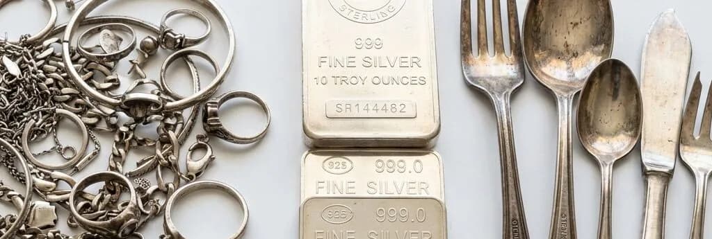 Sterling jewelry, .999 silver bars and silver flatware laid out together on a white surface.