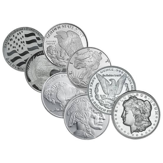 Stack of .999 fine silver rounds with American flag, eagle, Liberty and bison designs.