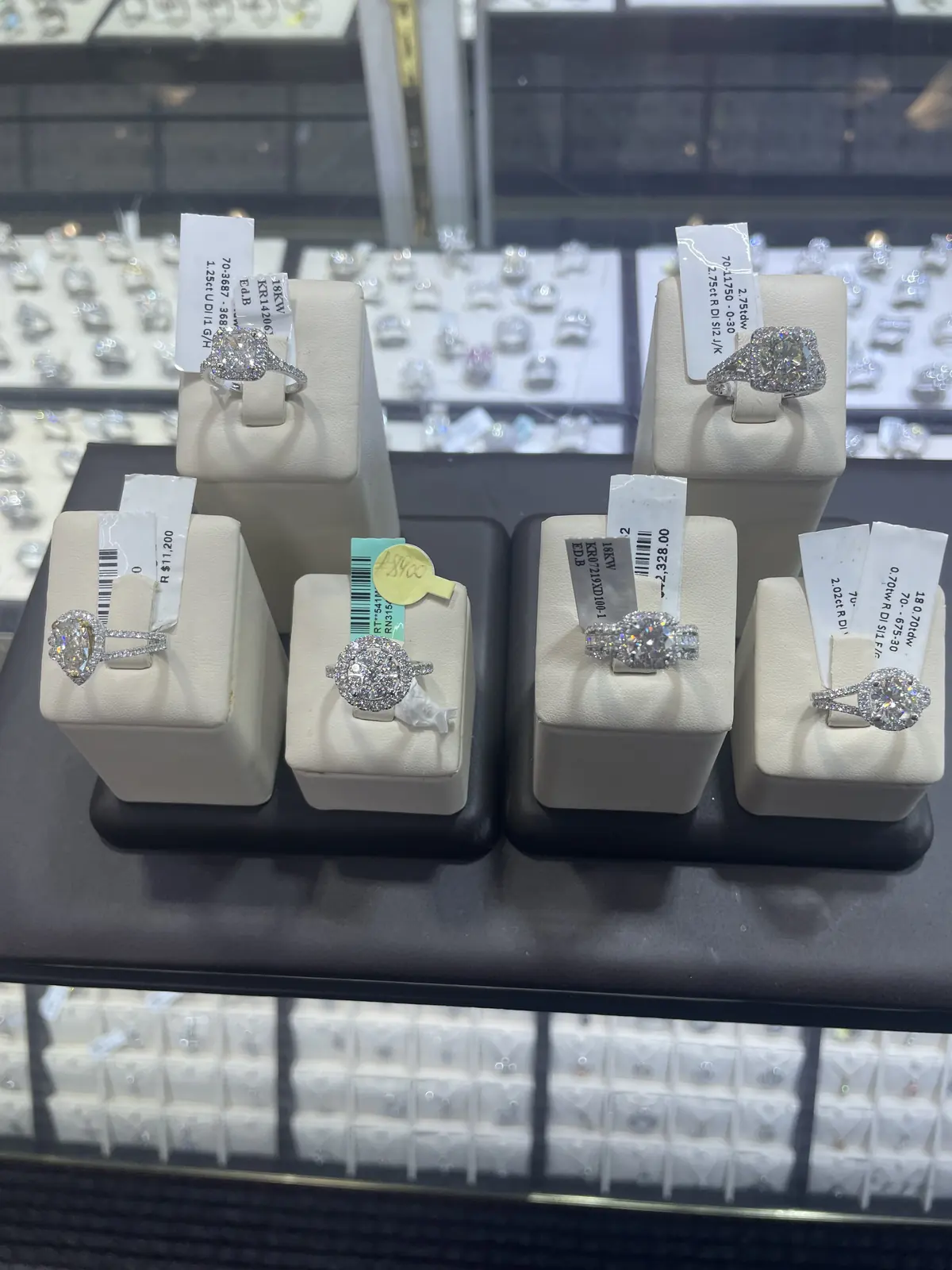 Diamond engagement rings on display stands in the Roma Jewelry showroom in Massapequa.
