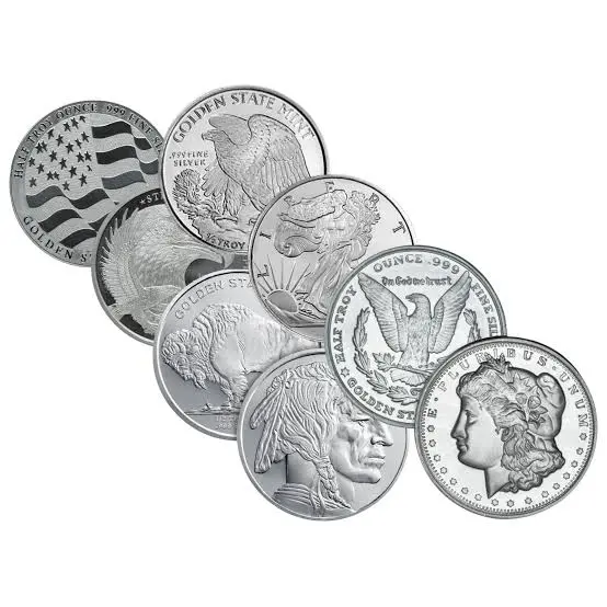 Stack of .999 fine silver rounds with American flag, eagle, Liberty and bison designs.